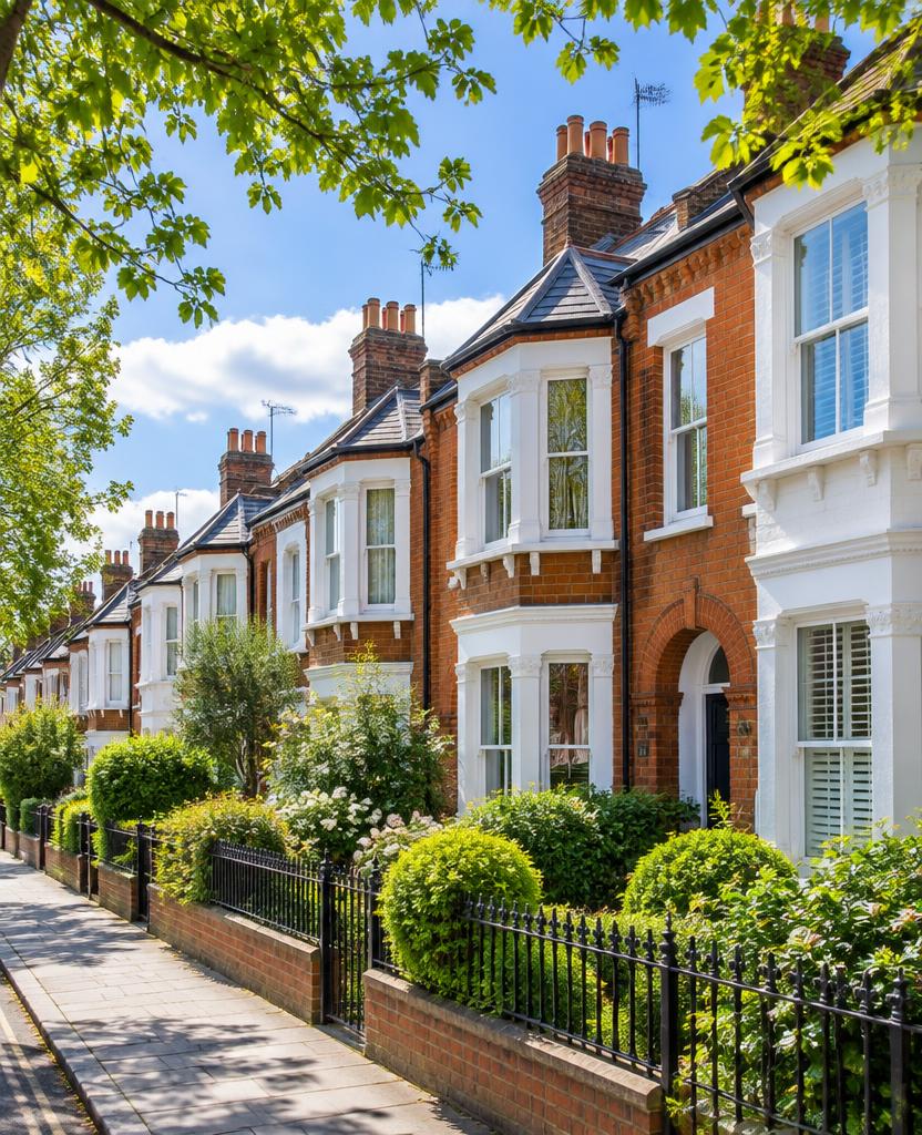 A street of British terraced houses